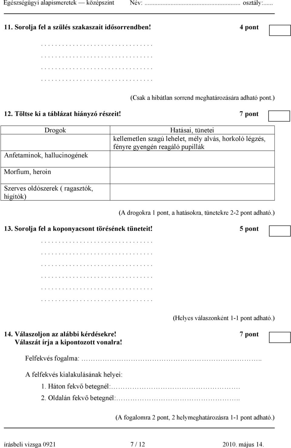 hígítók) (A drogokra 1 pont, a hatásokra, tünetekre 2-2 pont adható.) 13. Sorolja fel a koponyacsont törésének tüneteit! 5 pont 14. Válaszoljon az alábbi kérdésekre!