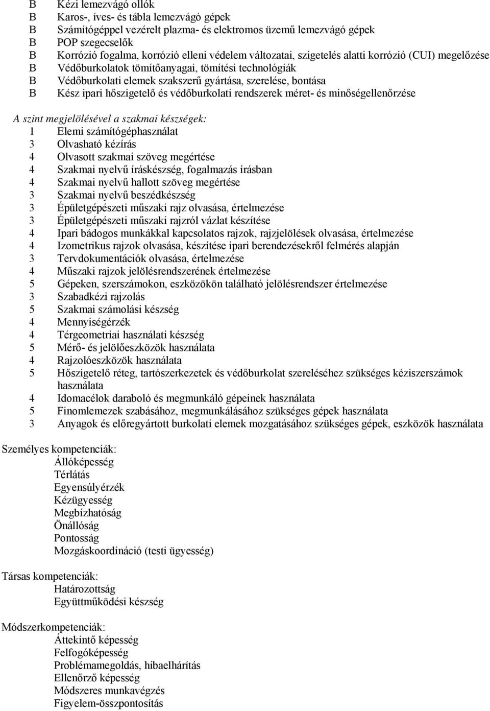 rendszerek méret- és minőségellenőrzése A szint megjelölésével a szakmai készségek: 1 Elemi számítógéphasználat 3 Olvasható kézírás 4 Olvasott szakmai szöveg megértése 4 Szakmai nyelvű íráskészség,