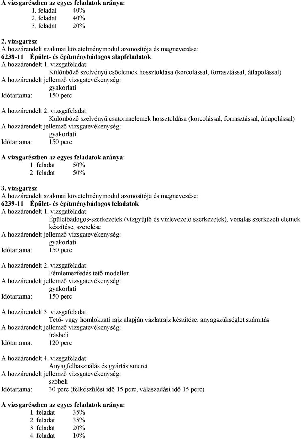 vizsgafeladat: Különböző szelvényű csőelemek hossztoldása (korcolással, forrasztással, átlapolással) gyakorlati Időtartama: 150 perc A hozzárendelt 2.