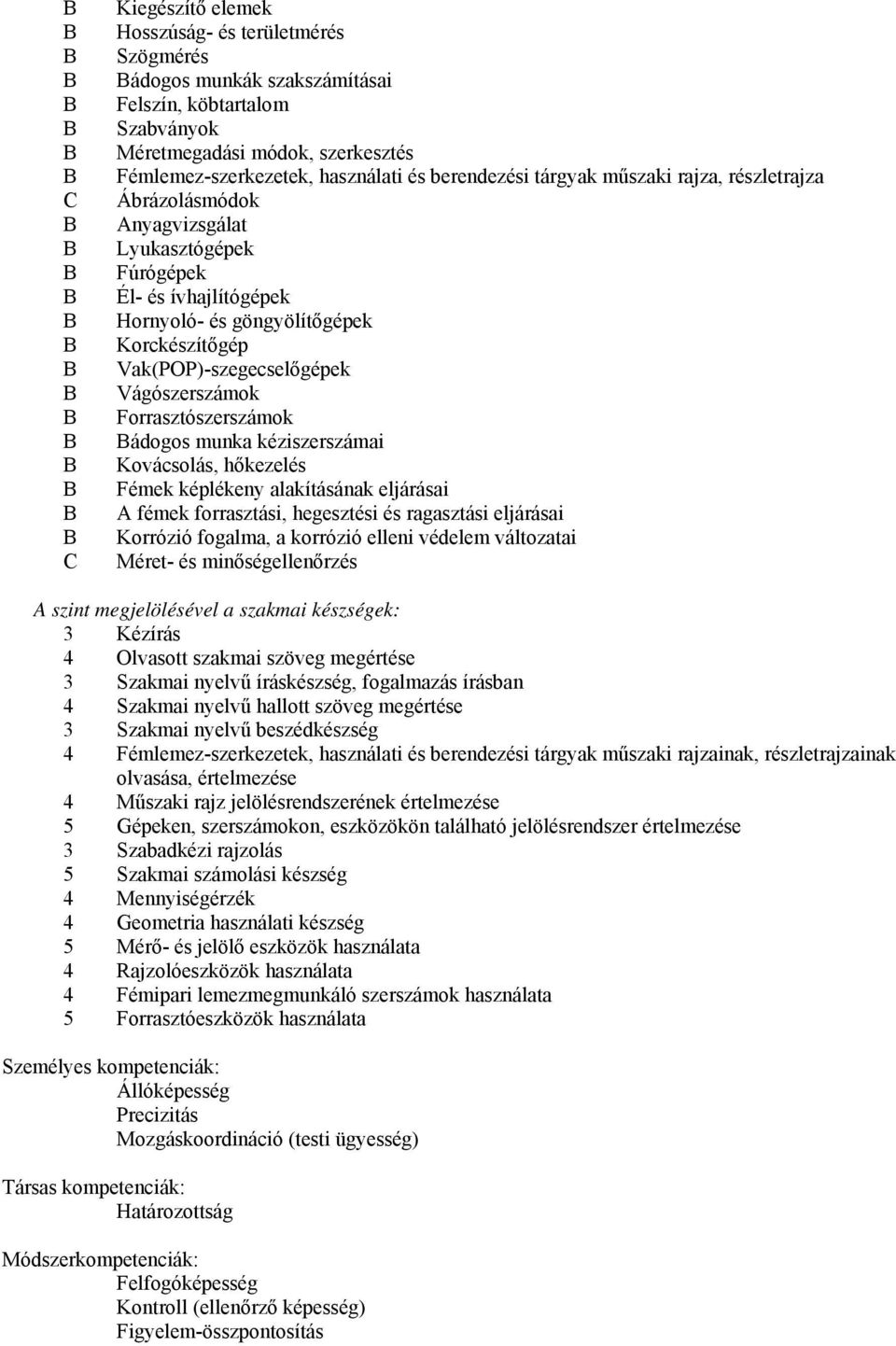 Vágószerszámok Forrasztószerszámok ádogos munka kéziszerszámai Kovácsolás, hőkezelés Fémek képlékeny alakításának eljárásai A fémek forrasztási, hegesztési és ragasztási eljárásai Korrózió fogalma, a