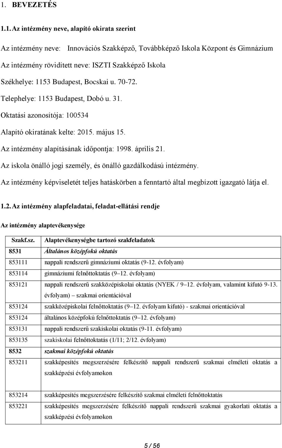 április 21. Az iskola önálló jogi személy, és önálló gazdálkodású intézmény. Az intézmény képviseletét teljes hatáskörben a fenntartó által megbízott igazgató látja el. 1.2. Az intézmény alapfeladatai, feladat-ellátási rendje Az intézmény alaptevékenysége Szakf.