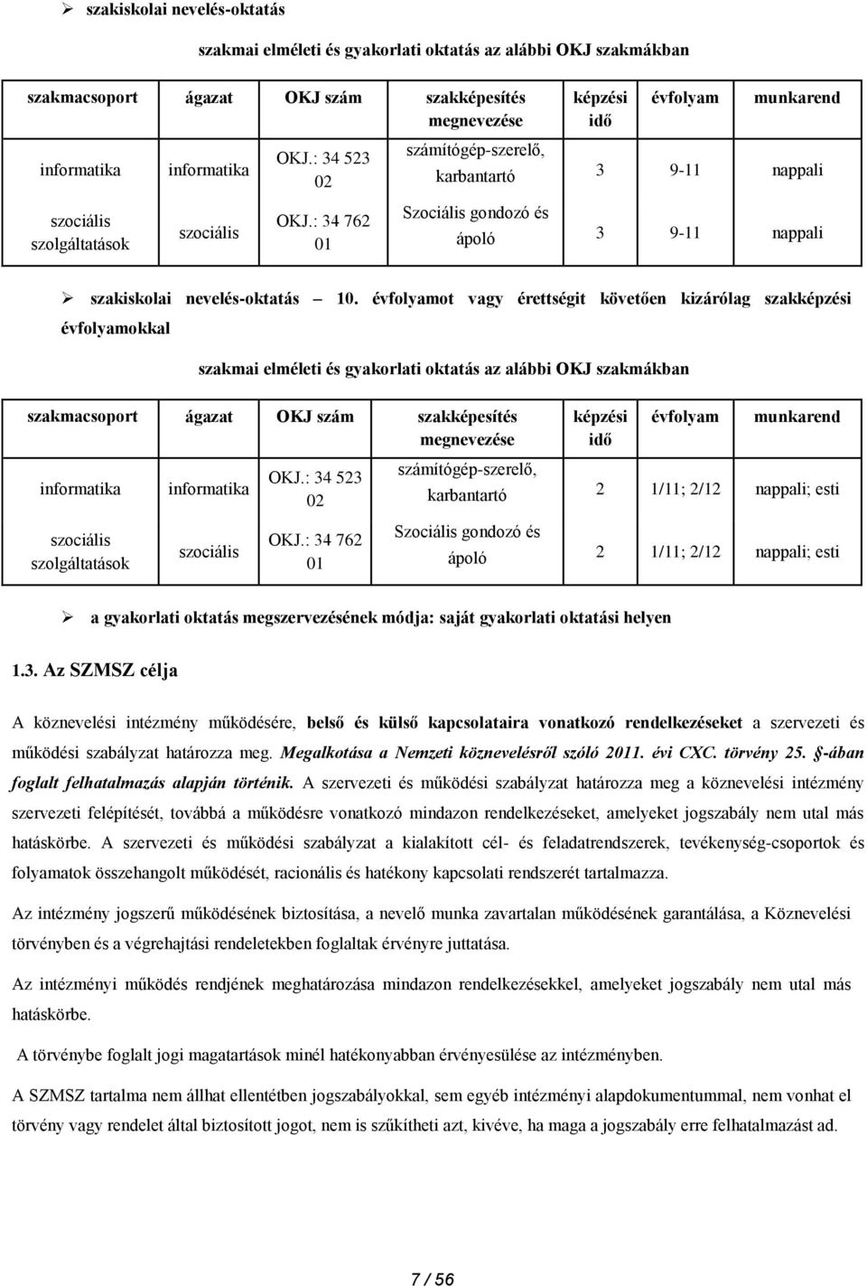 évfolyamot vagy érettségit követően kizárólag szakképzési évfolyamokkal szakmai elméleti és gyakorlati oktatás az alábbi OKJ szakmákban szakmacsoport ágazat OKJ szám szakképesítés megnevezése