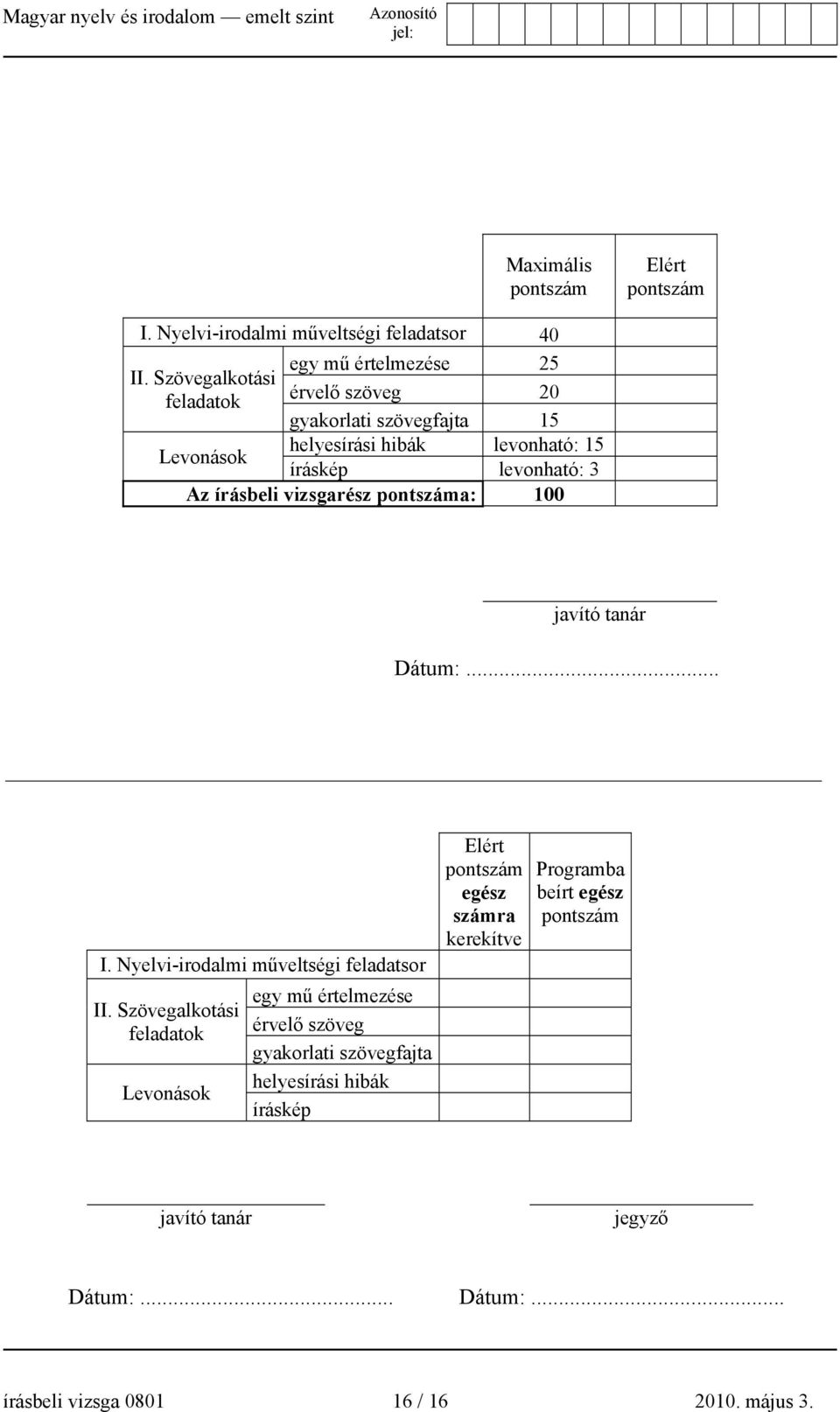 Az írásbeli vizsgarész pontszáma: 100 javító tanár Dátum:... I. Nyelvi-irodalmi műveltségi feladatsor II.