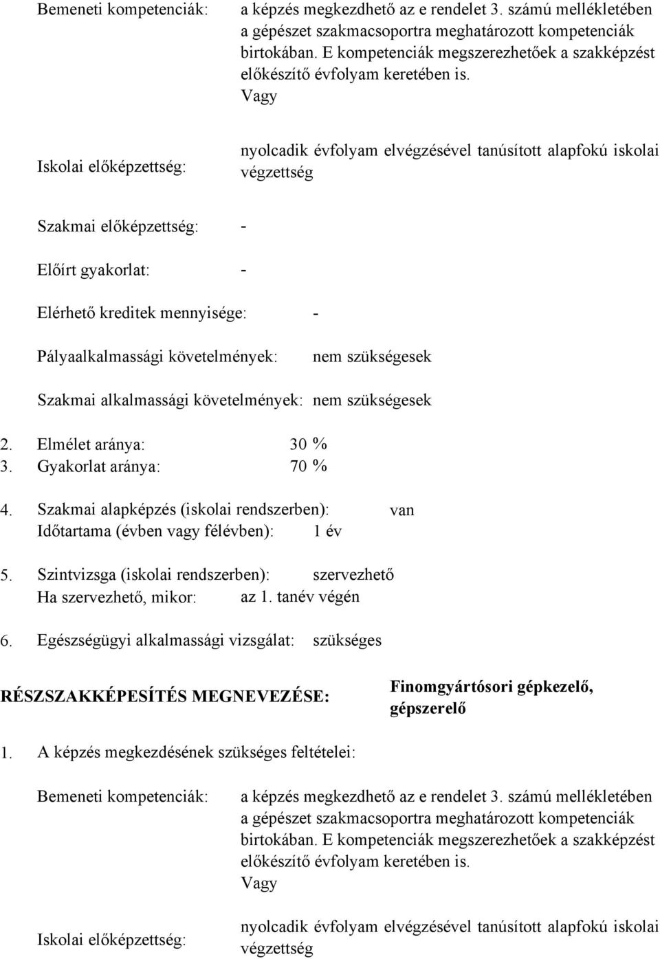 Vagy Iskolai előképzettség: nyolcadik évfolyam elvégzésével tanúsított alapfokú iskolai végzettség Szakmai előképzettség: Előírt gyakorlat: - - Elérhető kreditek mennyisége: - Pályaalkalmassági