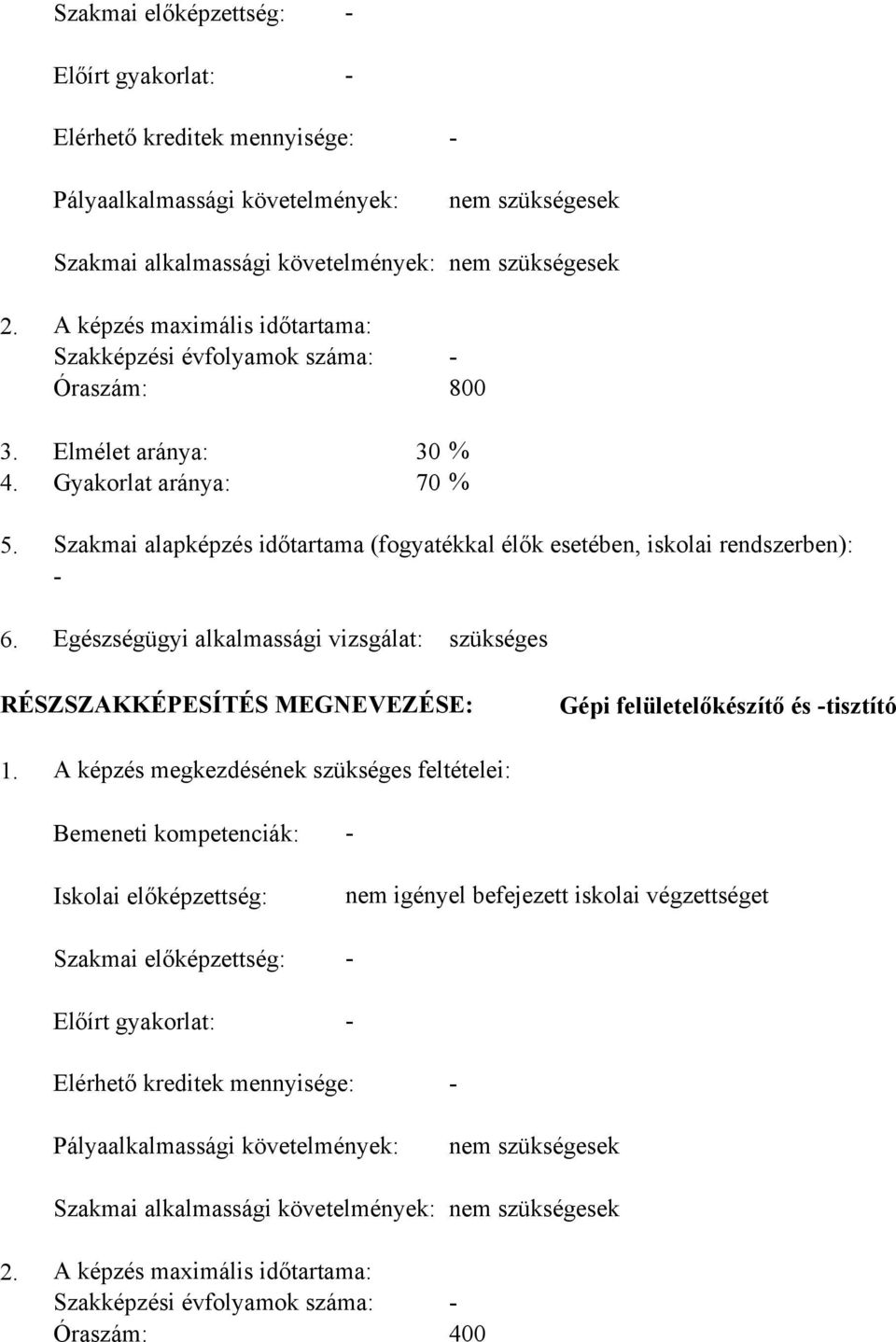 Szakmai alapképzés időtartama (fogyatékkal élők esetében, iskolai rendszerben): - 6. Egészségügyi alkalmassági vizsgálat: szükséges RÉSZSZKKÉPESÍTÉS MEGNEVEZÉSE: Gépi felületelőkészítő és -tisztító 1.