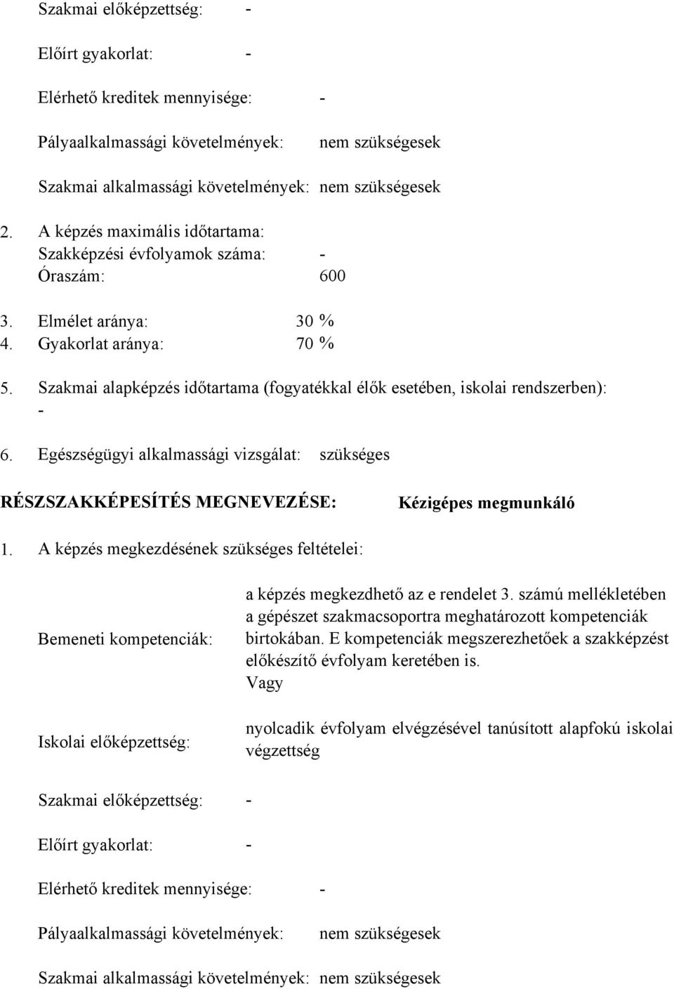Szakmai alapképzés időtartama (fogyatékkal élők esetében, iskolai rendszerben): - 6. Egészségügyi alkalmassági vizsgálat: szükséges RÉSZSZKKÉPESÍTÉS MEGNEVEZÉSE: Kézigépes megmunkáló 1.