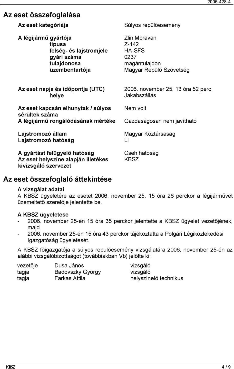 felügyelő hatóság Az eset helyszíne alapján illetékes kivizsgáló szervezet 2006. november 25.