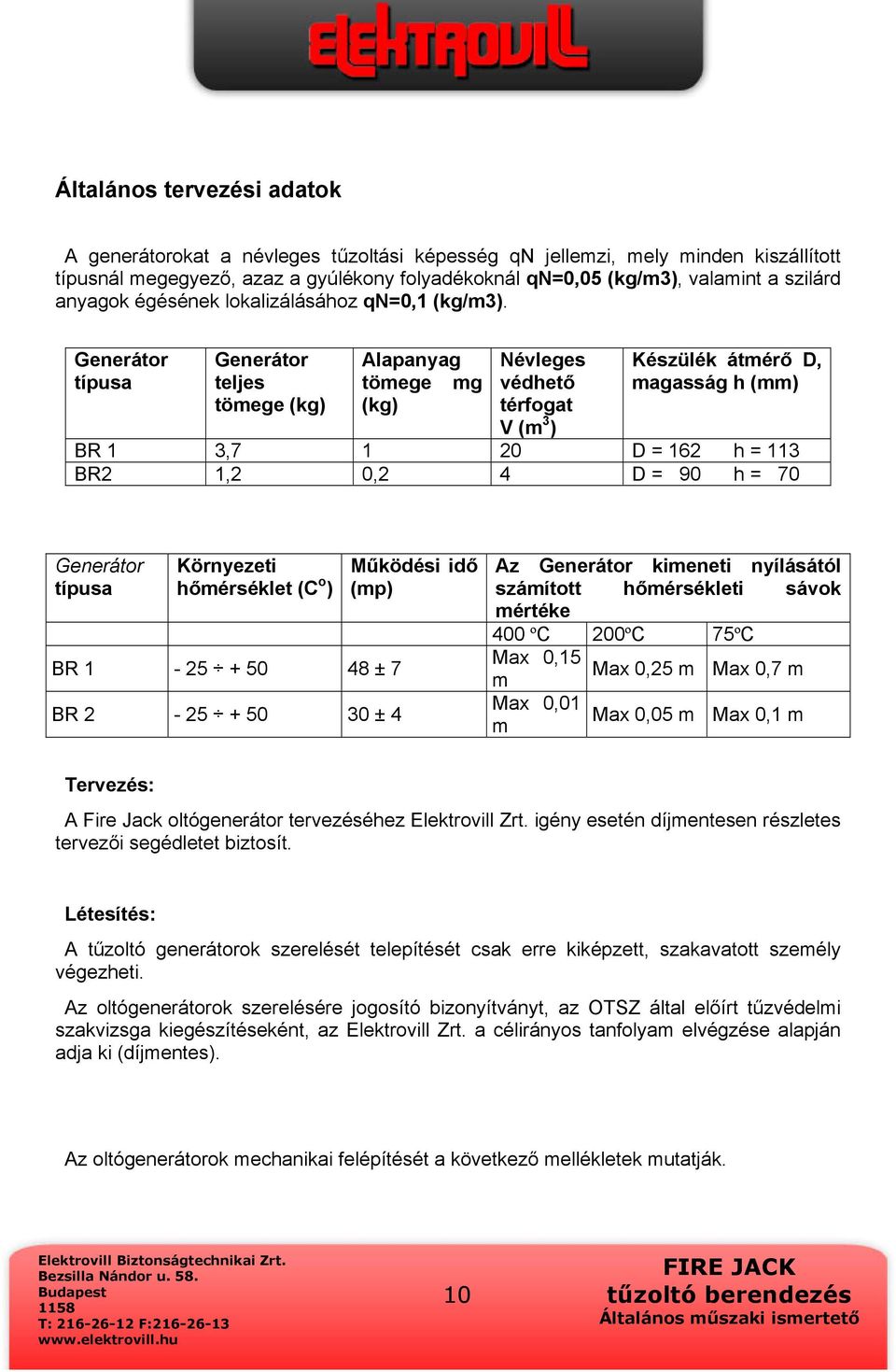 Generátor típusa Generátor teljes tömege (kg) Alapanyag tömege mg (kg) Névleges védhető térfogat V (m 3 ) Készülék átmérő D, magasság h (mm) BR 1 3,7 1 20 D = 162 h = 113 BR2 1,2 0,2 4 D = 90 h = 70