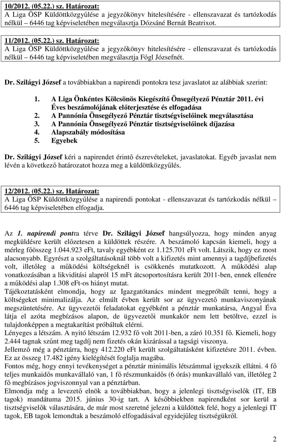Szilágyi József a továbbiakban a napirendi pontokra tesz javaslatot az alábbiak szerint: 1. A Liga Önkéntes Kölcsönös Kiegészítő Önsegélyező Pénztár 2011.