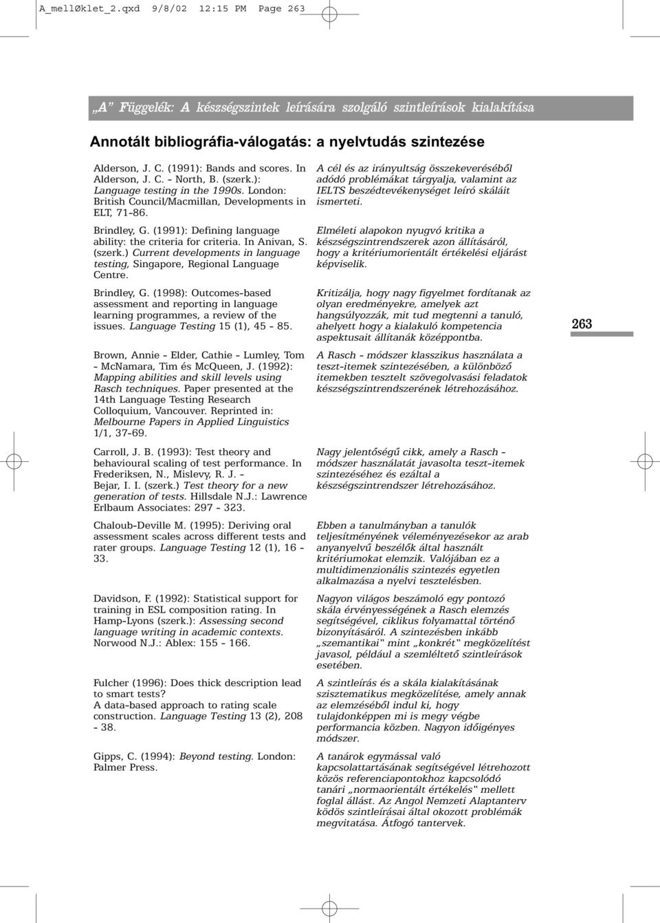 ) Current developments in language testing, Singapore, Regional Language Centre. Brindley, G. (1998): Outcomes-based assessment and reporting in language learning programmes, a review of the issues.