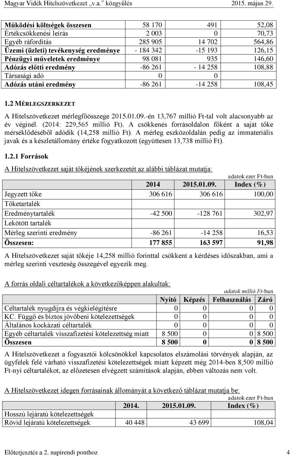 2 MÉRLEGSZERKEZET A Hitelszövetkezet mérlegfőösszege 2015.01.09.-én 13,767 millió Ft-tal volt alacsonyabb az év véginél. (2014: 229,565 millió Ft).
