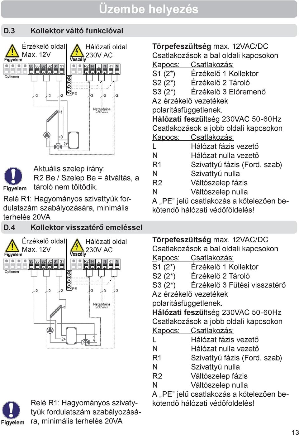 12V Hálózati oldal 230V AC Hálózati oldal 230V AC Relé R1: Hagyományos szivatytyúk fordulatszám szabályozására, minimális terhelés 20VA Törpefeszültség max.