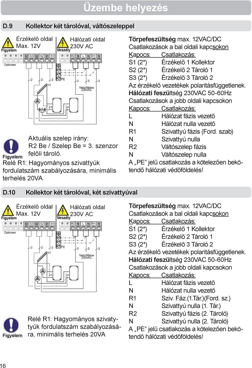 12VAC/DC Csatlakozások a bal oldali kapcsokon S1 (2*) Érzékelő 1 Kollektor S2 (2*) Érzékelő 2 Tároló 1 S3 (2*) Érzékelő 3 Tároló 2 Az érzékelő vezetékek polaritásfüggetlenek.