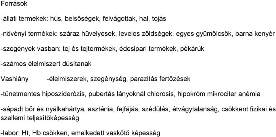 szegénység, parazitás fertőzések -tünetmentes hiposziderózis, pubertás lányoknál chlorosis, hipokróm mikrociter anémia -sápadt bőr és