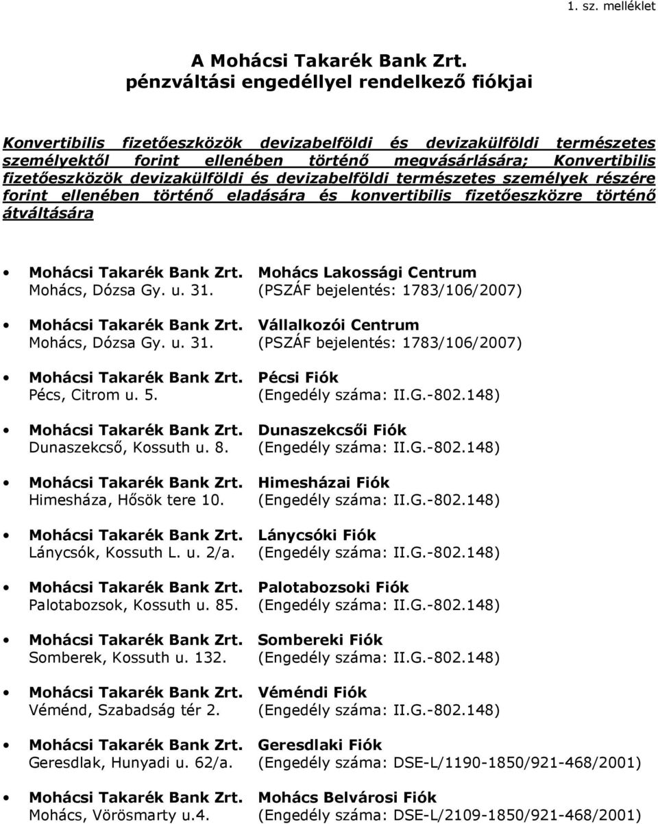 devizakülföldi és devizabelföldi természetes személyek részére forint ellenében történı eladására és konvertibilis fizetıeszközre történı átváltására Mohácsi Takarék Bank Zrt.