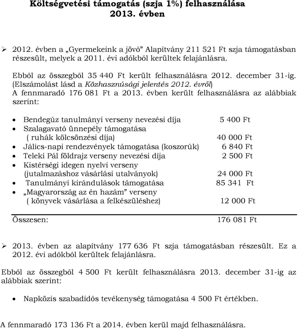 évben került felhasználásra az alábbiak szerint: Bendegúz tanulmányi verseny nevezési díja 5 400 Ft Szalagavató ünnepély támogatása ( ruhák kölcsönzési díja) 40 000 Ft Jálics-napi rendezvények