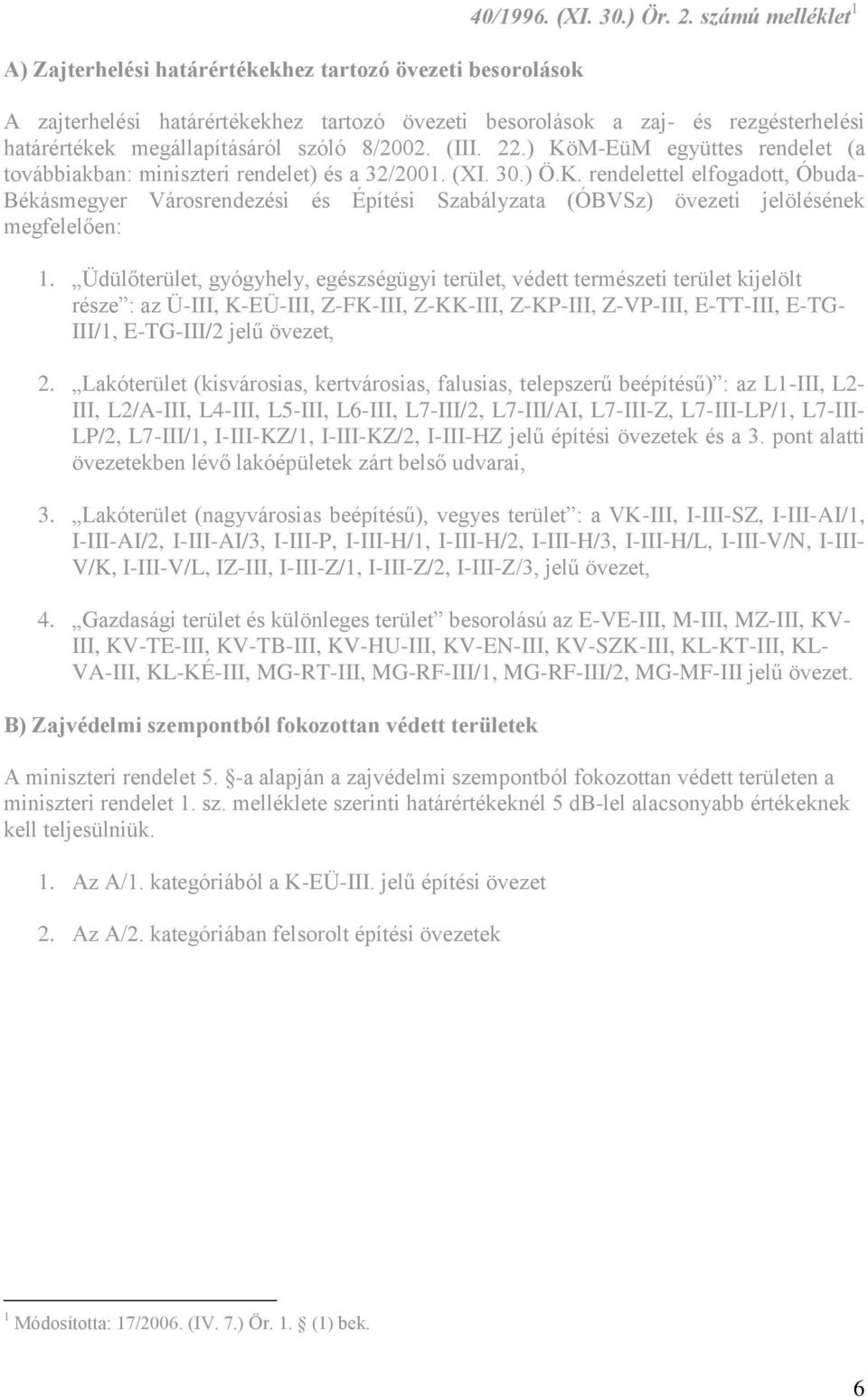 ) KöM-EüM együttes rendelet (a továbbiakban: miniszteri rendelet) és a 32/2001. (XI. 30.) Ö.K. rendelettel elfogadott, Óbuda- Békásmegyer Városrendezési és Építési Szabályzata (ÓBVSz) övezeti jelölésének megfelelően: 1.