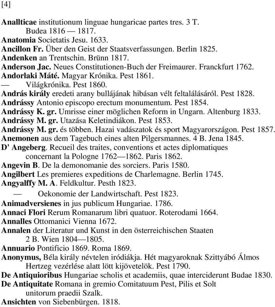 András király eredeti arany bullájának hibásan vélt feltalálásáról. Pest 1828. Andrássy Antonio episcopo erectum monumentum. Pest 1854. Andrássy K. gr. Umrisse einer möglichen Reform in Ungarn.