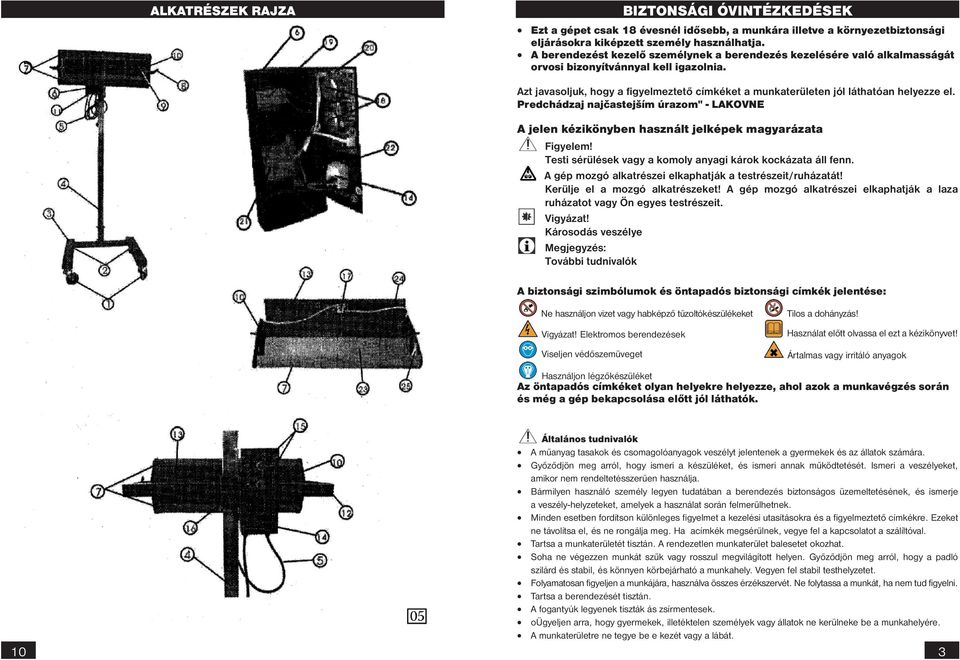Azt javasoljuk, hogy a figyelmeztető címkéket a munkaterületen jól láthatóan helyezze el. Predchádzaj najčastejším úrazom" - LAKOVNE A jelen kézikönyben használt jelképek magyarázata Figyelem!