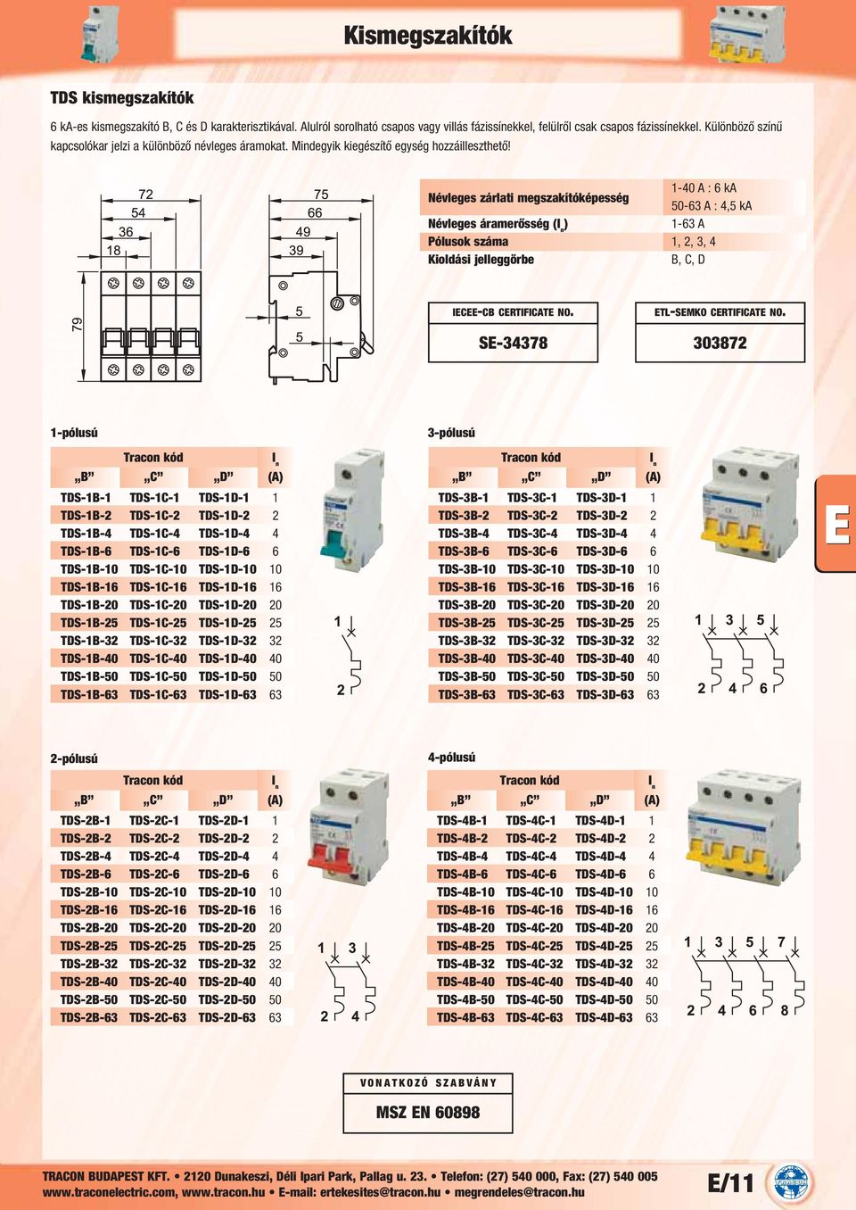 Névleges zárlati megszakítóképesség 1-40 A : 6 ka 50-63 A : 4,5 ka Névleges áramerősség ( 1-63 A Pólusok száma 1, 2, 3, 4 B, C, D SE-34378 ETL-SEMKO CERTIFICATE NO.