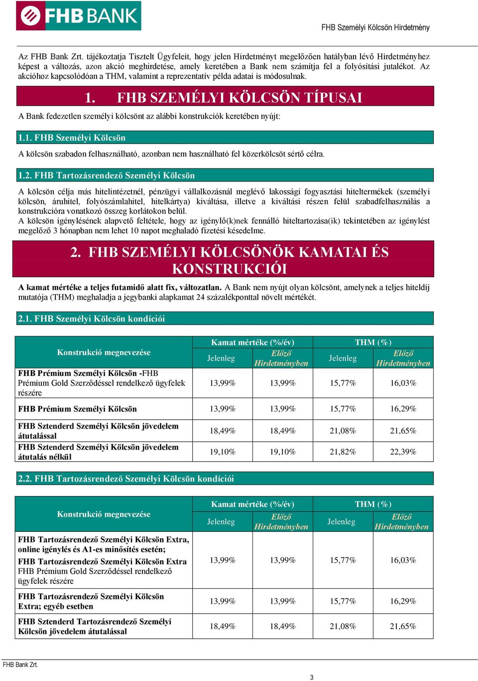 FHB SZEMÉLYI KÖLCSÖN TÍPUSAI A Bank fedezetlen személyi kölcsönt az alábbi konstrukciók keretében nyújt: 1.