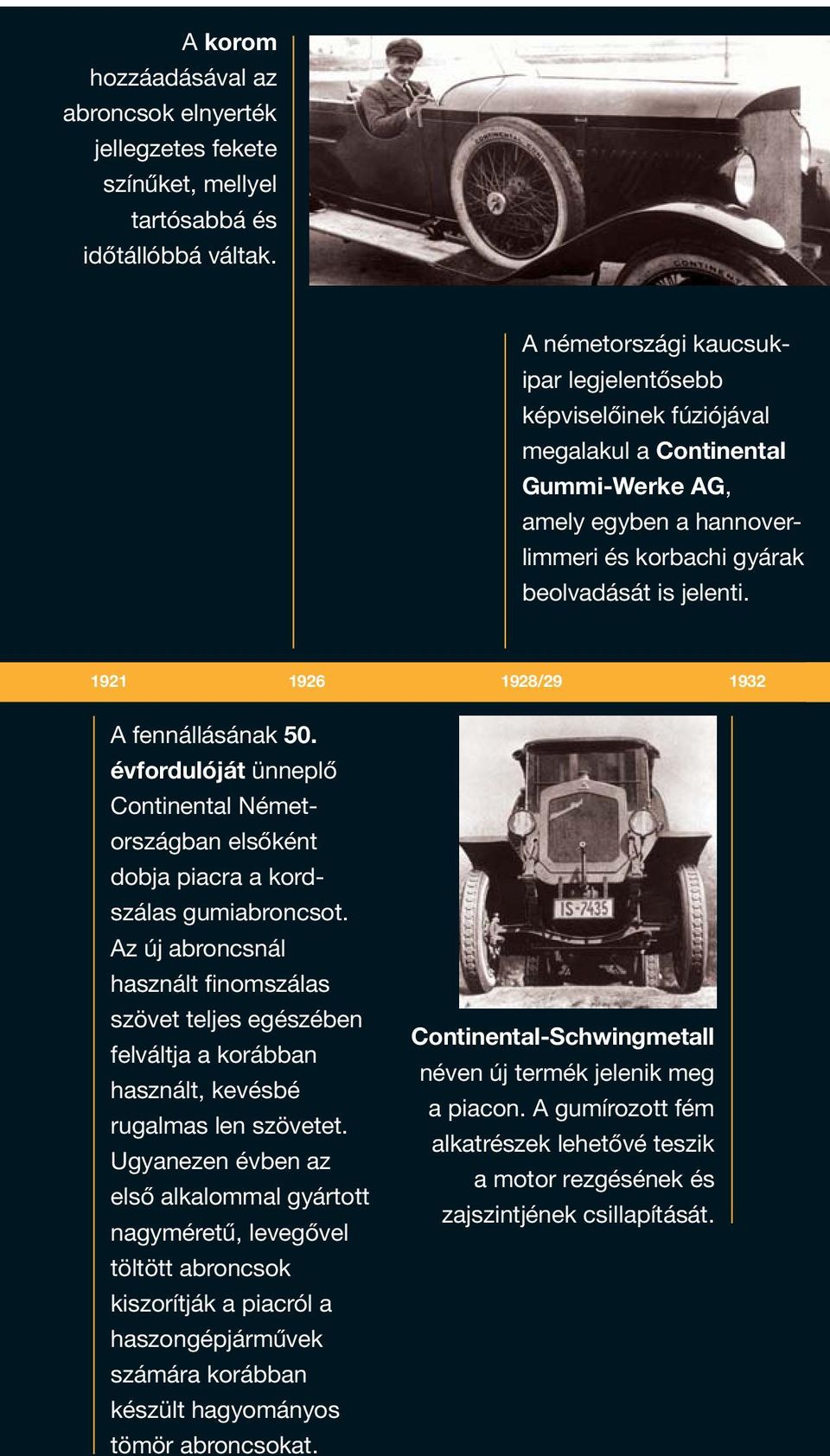 1921 1926 1928/29 1932 A fennállásának 50. évfordulóját ünneplő Continental Németországban elsőként dobja piacra a kordszálas gumiabroncsot.