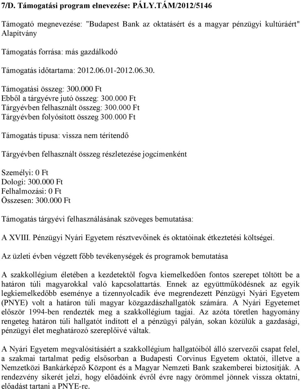 Támogatási összeg: 300.000 Ft Ebből a tárgyévre jutó összeg: 300.000 Ft Tárgyévben felhasznált összeg: 300.000 Ft Tárgyévben folyósított összeg 300.000 Ft Személyi: 0 Ft Dologi: 300.