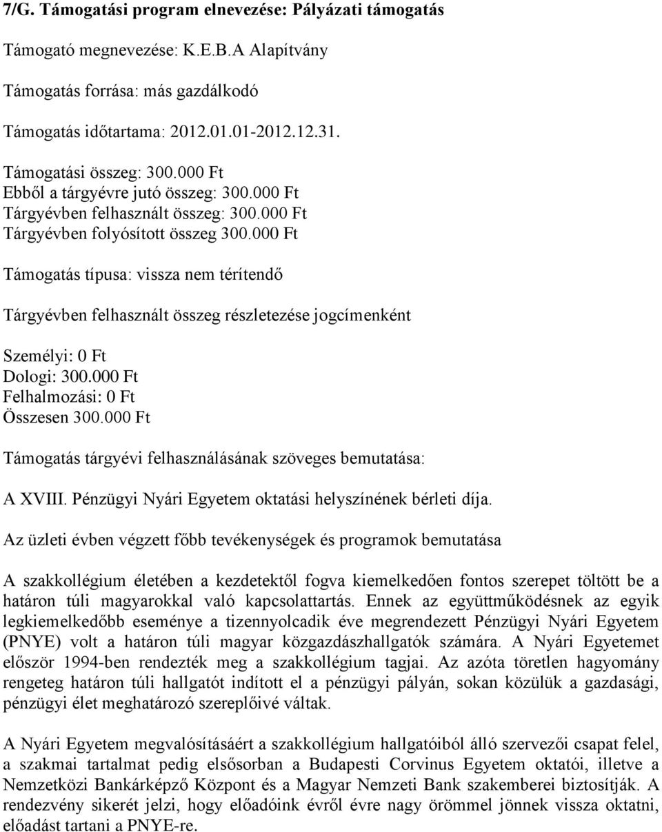 000 Ft A XVIII. Pénzügyi Nyári Egyetem oktatási helyszínének bérleti díja.