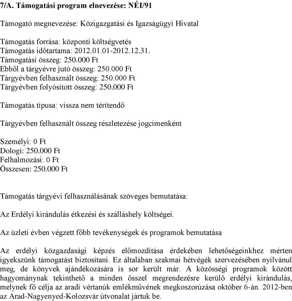 000 Ft Felhalmozási: 0 Ft Összesen: 250.000 Ft Az Erdélyi kirándulás étkezési és szálláshely költségei.