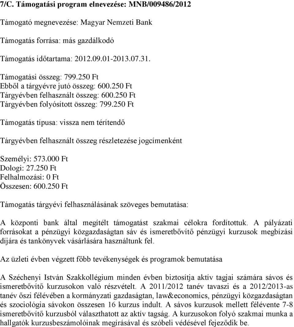 250 Ft Felhalmozási: 0 Ft Összesen: 600.250 Ft A központi bank által megítélt támogatást szakmai célokra fordítottuk.