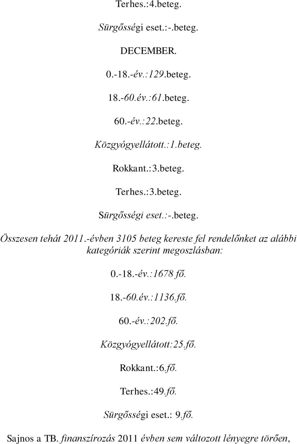 -évben 3105 beteg kereste fel rendelőnket az alábbi kategóriák szerint megoszlásban: 0.-18.-év.:1678 fő. 18.-60.év.:1136.fő. 60.