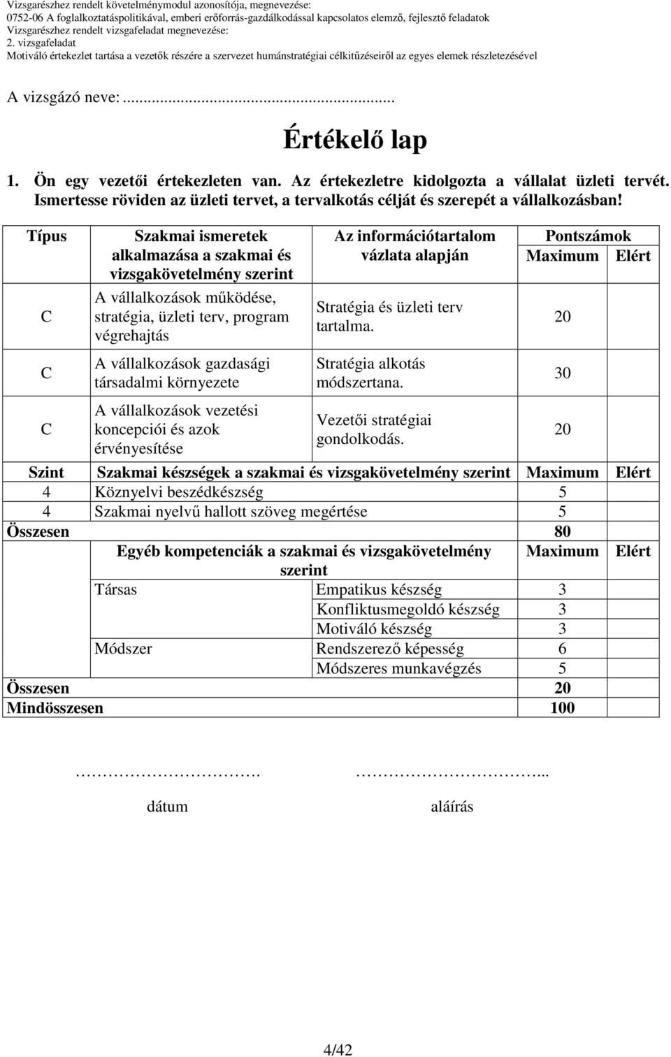 Típus Szakmai ismeretek alkalmazása a szakmai és vizsgakövetelmény szerint A vállalkozások mőködése, stratégia, üzleti terv, program végrehajtás A vállalkozások gazdasági társadalmi környezete A