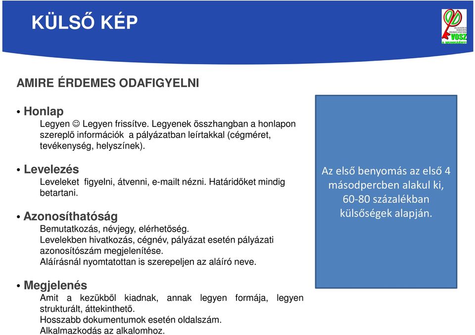 Határidőket mindig betartani. Azonosíthatóság Bemutatkozás, névjegy, elérhetőség. Levelekben hivatkozás, cégnév, pályázat esetén pályázati azonosítószám megjelenítése.