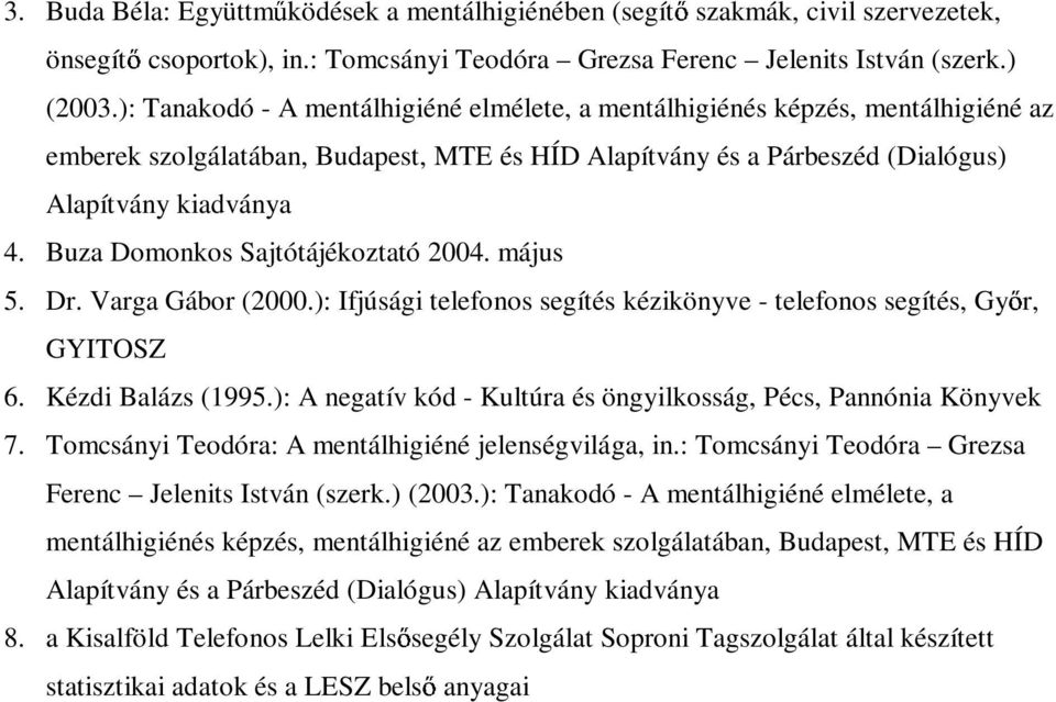 Buza Domonkos Sajtótájékoztató 24. május 5. Dr. Varga Gábor (2.): Ifjúsági telefonos segítés kézikönyve - telefonos segítés, Gy r, GYITOSZ 6. Kézdi Balázs (1995.