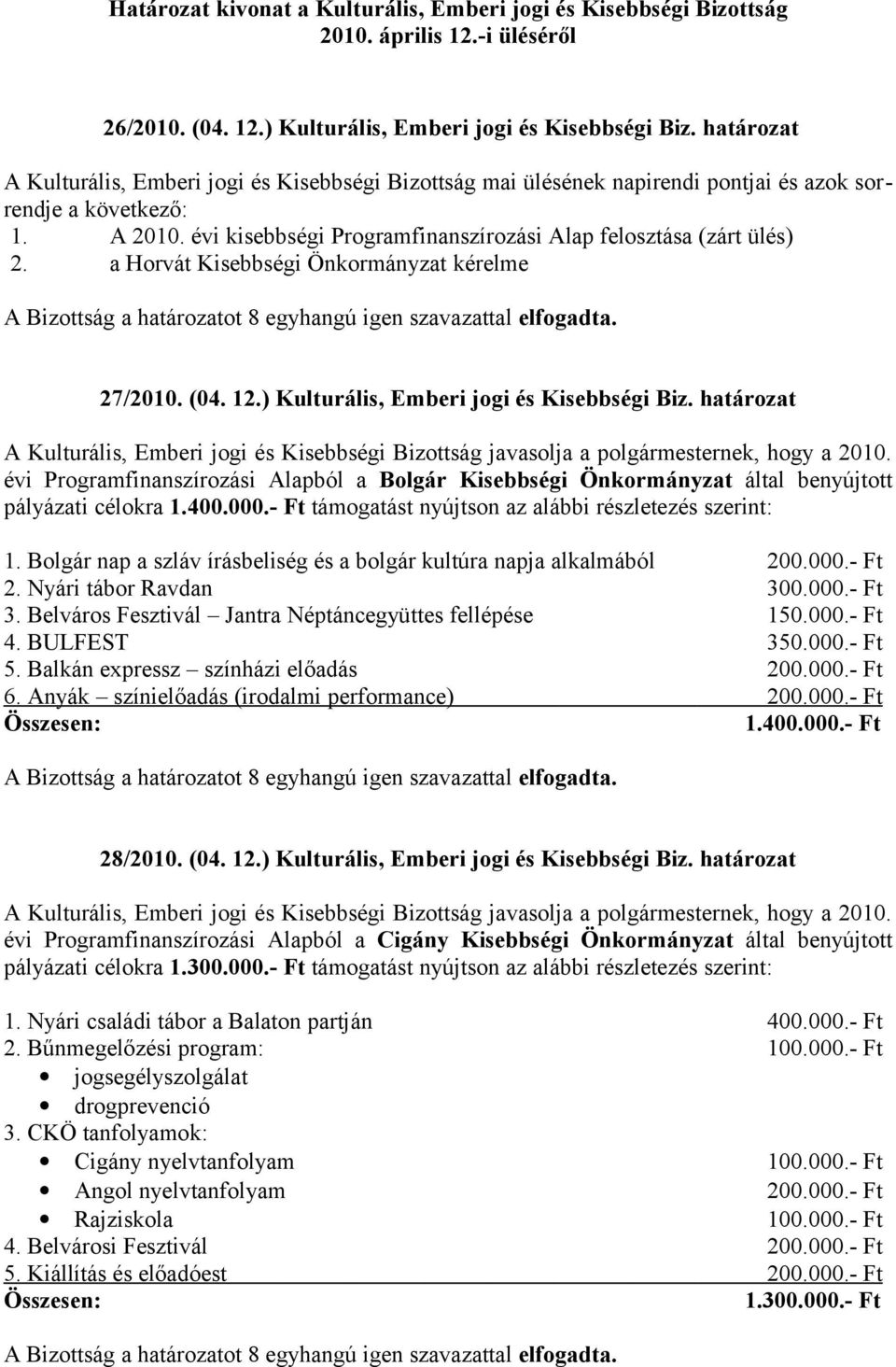 határozat évi Programfinanszírozási Alapból a Bolgár Kisebbségi Önkormányzat által benyújtott pályázati célokra 1.400.000.- Ft támogatást nyújtson az alábbi részletezés szerint: 1.