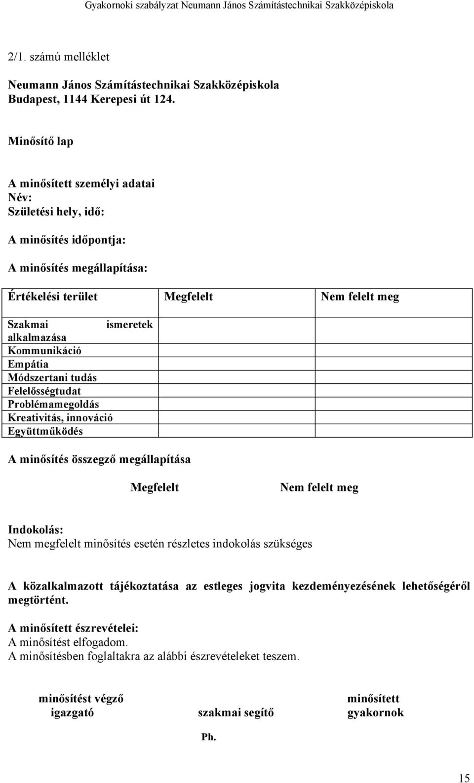 Kommunikáció Empátia Módszertani tudás Felelősségtudat Problémamegoldás Kreativitás, innováció Együttműködés A minősítés összegző megállapítása Megfelelt Nem felelt meg Indokolás: Nem megfelelt