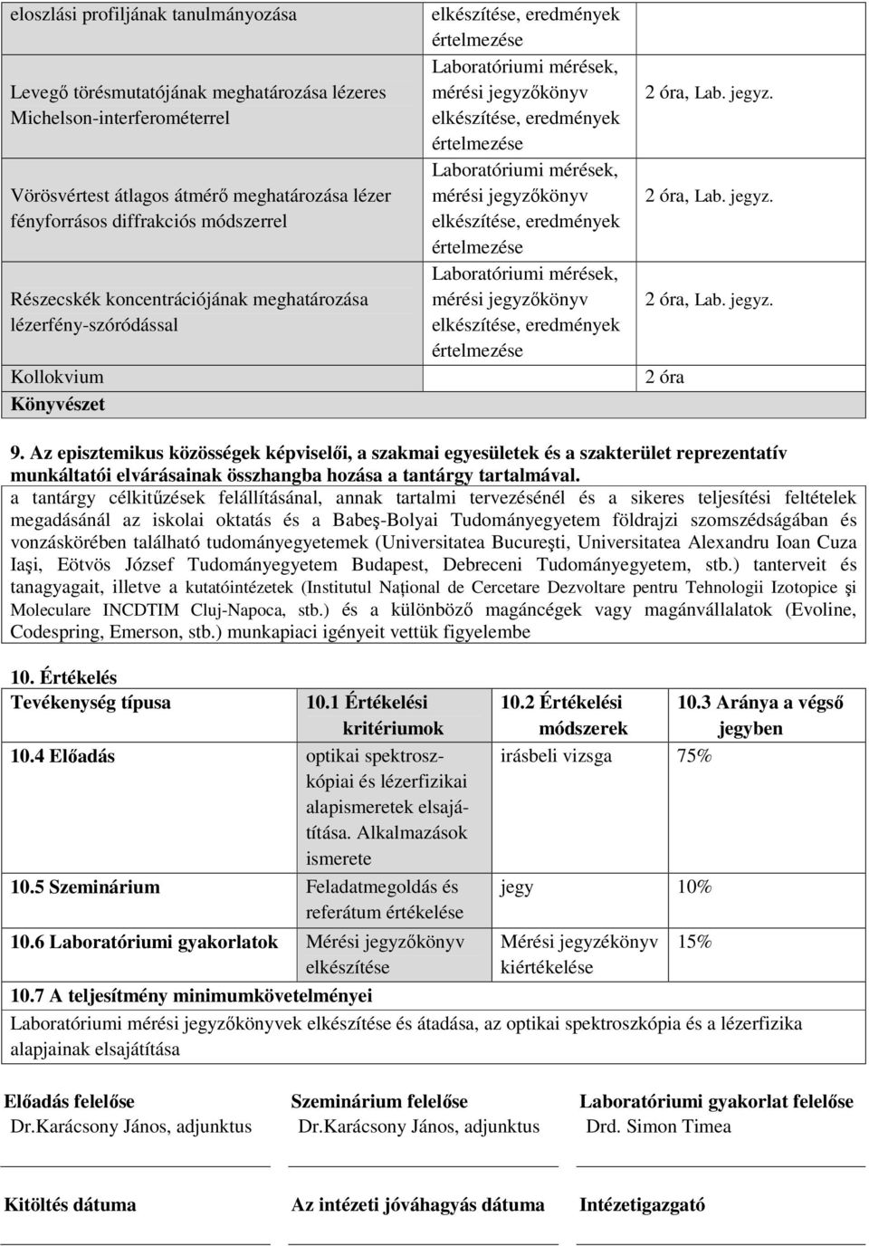 Az episztemikus közösségek képviselői, a szakmai egyesületek és a szakterület reprezentatív munkáltatói elvárásainak összhangba hozása a tantárgy tartalmával.