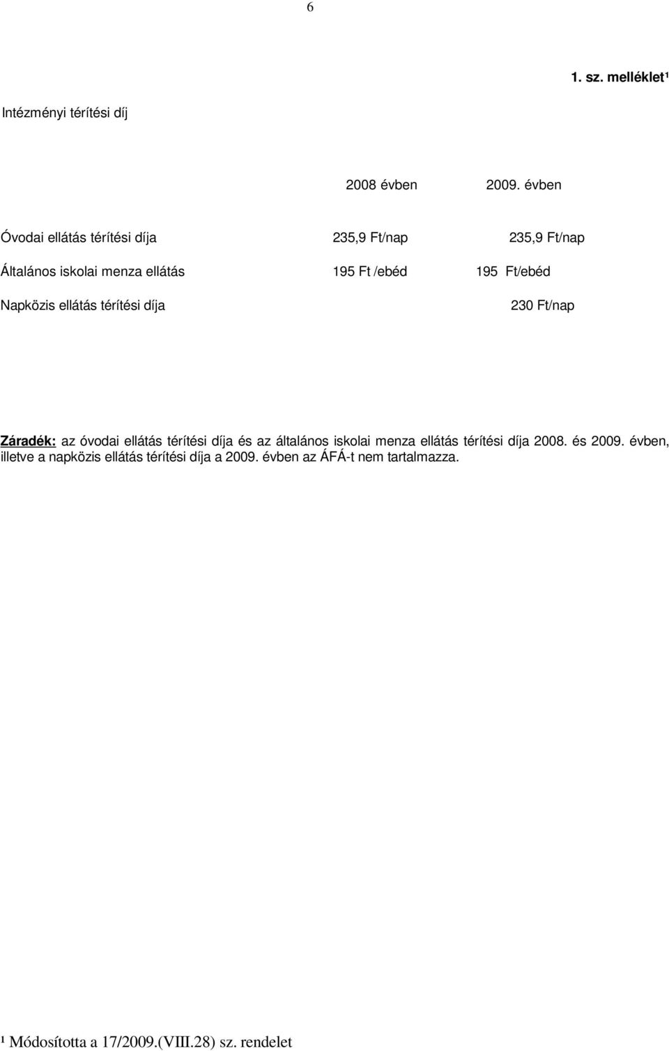 Ft/ebéd Napközis ellátás térítési díja 230 Ft/nap Záradék: az óvodai ellátás térítési díja és az általános iskolai