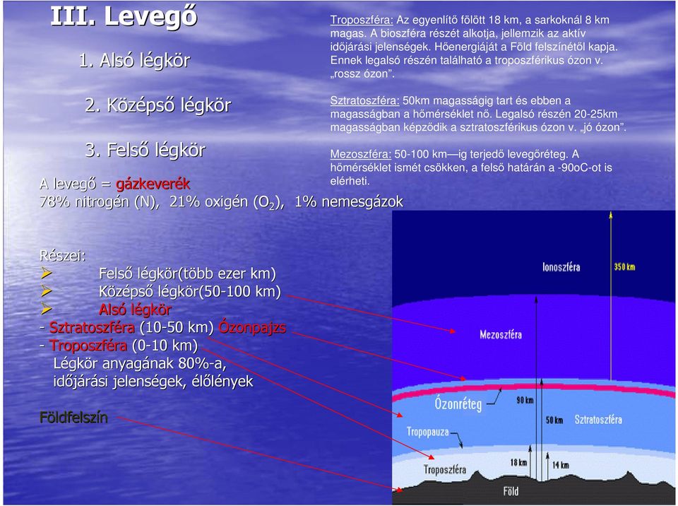 Felsı légkör A levegı = gázkeverék 78% nitrogén (N), 21% oxigén (O 2 ), 1% nemesgázok Sztratoszféra: 50km magasságig tart és ebben a magasságban a hımérséklet nı.
