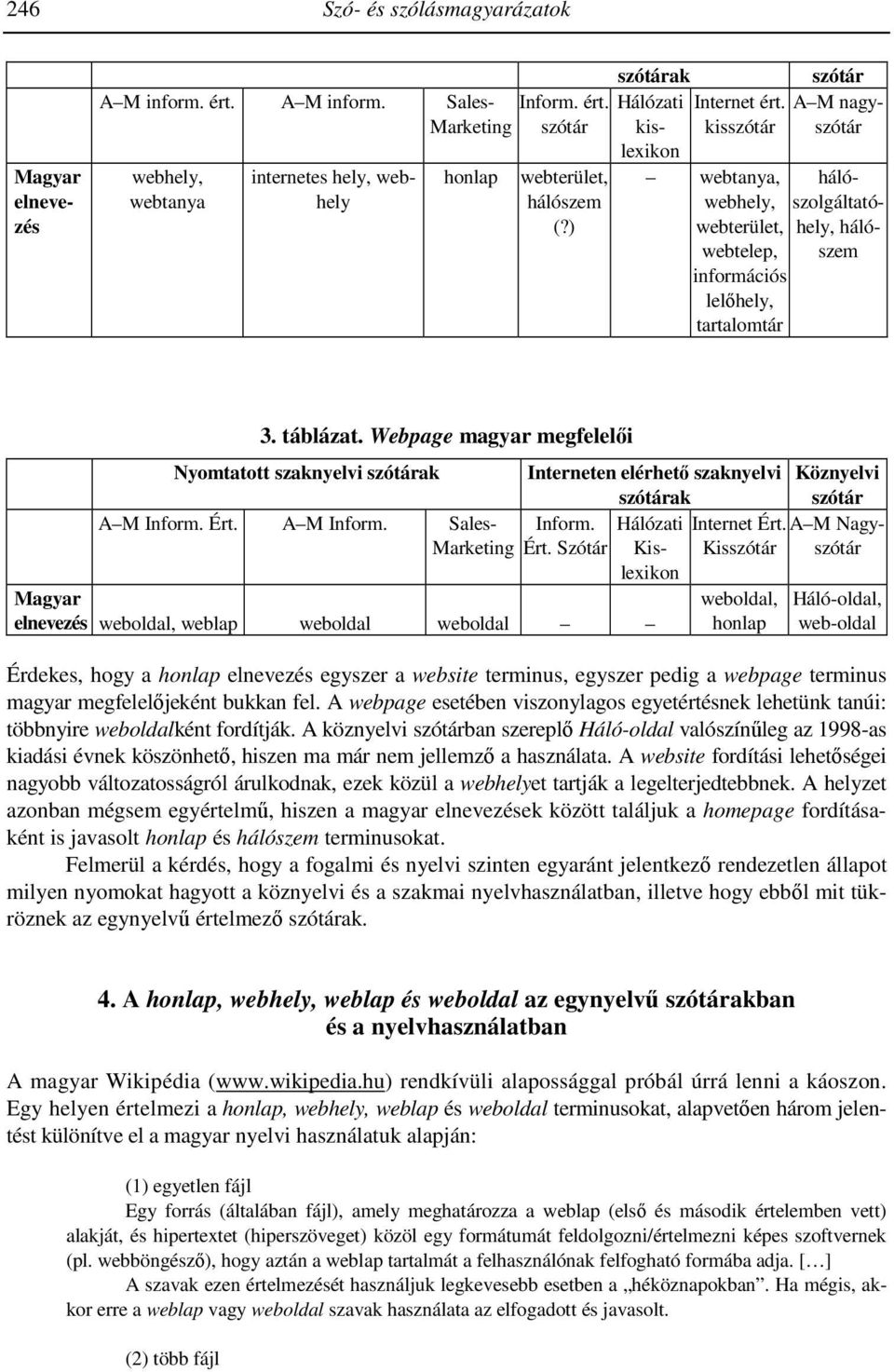 kisszótár szótár A M nagyszótár internetes hely, webhely webtanya, webhely, hálószolgáltatóhely, háló- webterület, webtelep, szem információs lelıhely, tartalomtár 3. táblázat.