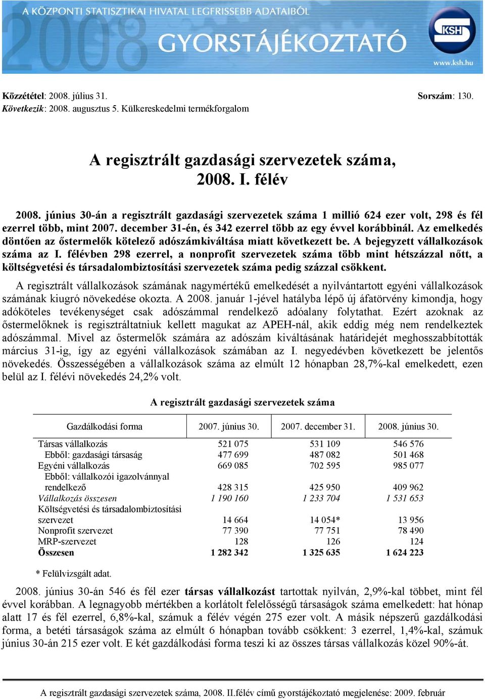 Az emelkedés döntően az őstermelők kötelező adószámkiváltása miatt következett be. A bejegyzett ok száma az I.
