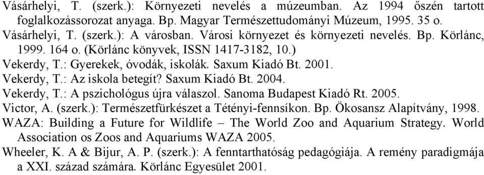 Saxum Kiadó Bt. 2004. Vekerdy, T.: A pszichológus újra válaszol. Sanoma Budapest Kiadó Rt. 2005. Victor, A. (szerk.): Természetfürkészet a Tétényi-fennsíkon. Bp. Ökosansz Alapítvány, 1998.