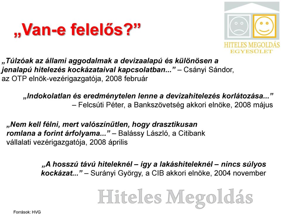 .. Felcsúti Péter, a Bankszövetség akkori elnöke, 2008 május Nem kell félni, mert valószínűtlen, hogy drasztikusan romlana a forint árfolyama.