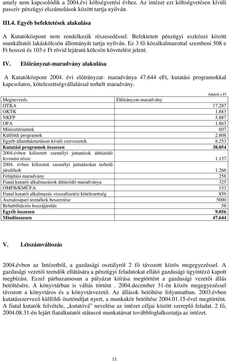 Elıirányzat-maradvány alakulása A Kutatóközpont 2004. évi elıirányzat- maradványa 47.644 eft, kutatási programokkal kapcsolatos, kötelezettségvállalással terhelt maradvány.