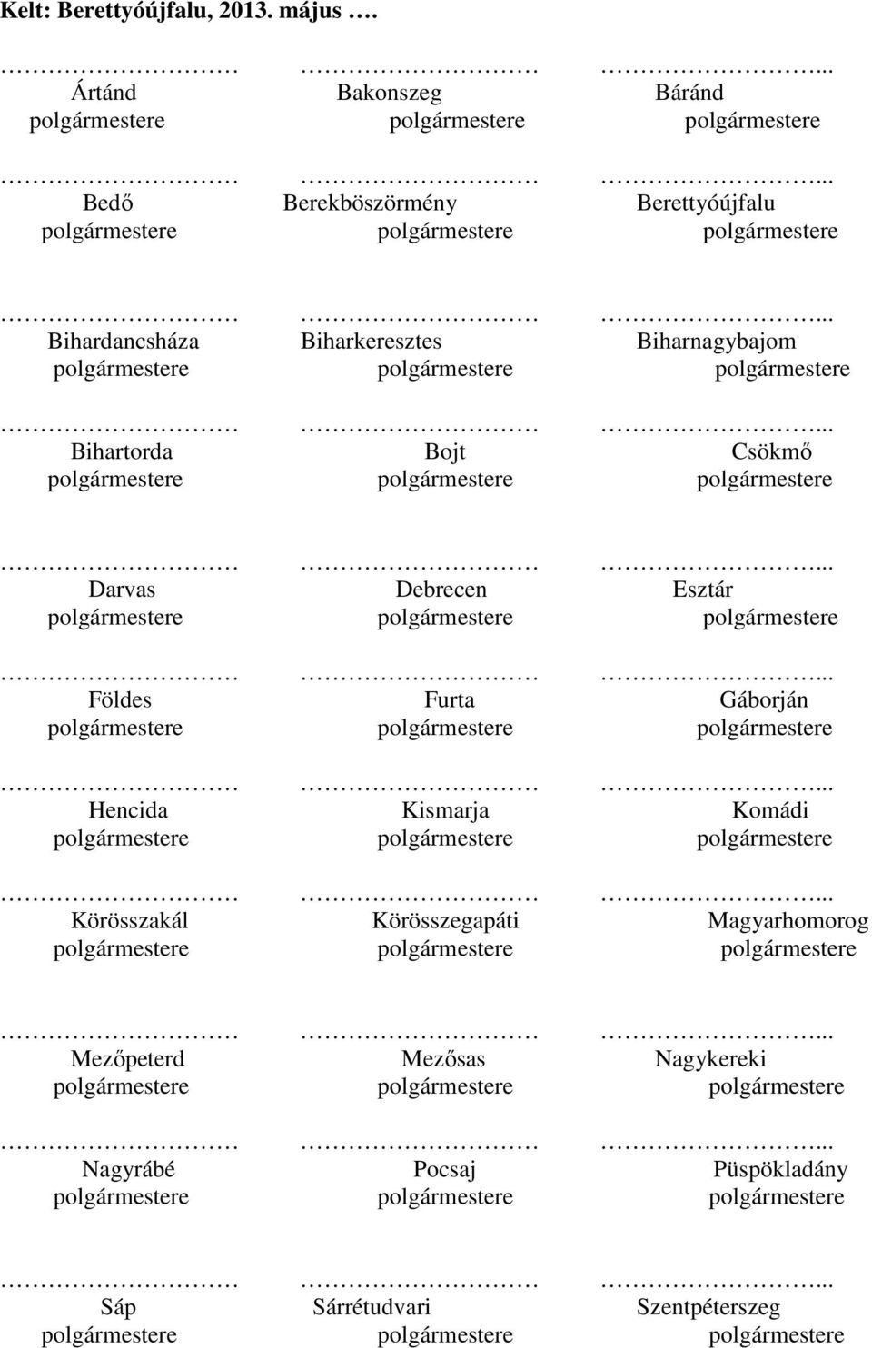 Biharnagybajom Bihartorda Bojt Csökmő Darvas Debrecen Esztár Földes Furta Gáborján Hencida