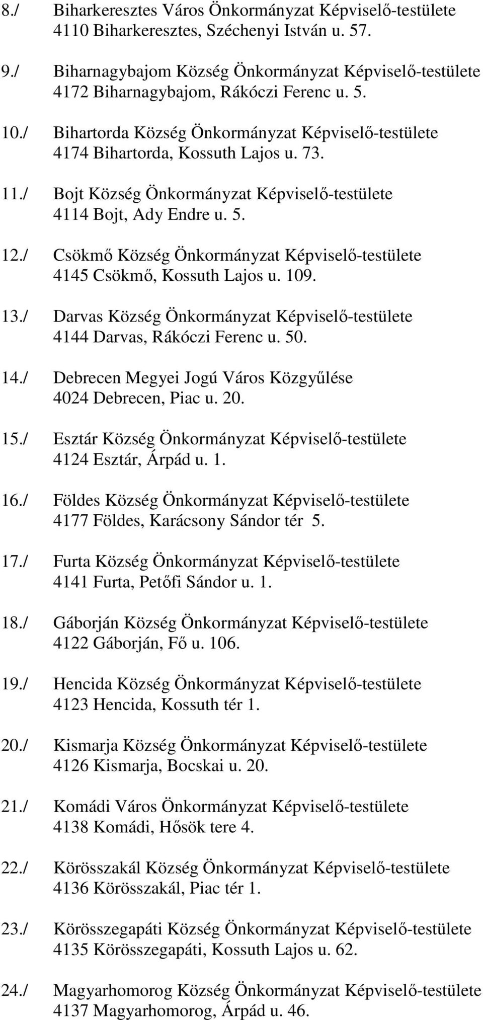 / Csökmő Község Önkormányzat Képviselő-testülete 4145 Csökmő, Kossuth Lajos u. 109. 13./ Darvas Község Önkormányzat Képviselő-testülete 4144 Darvas, Rákóczi Ferenc u. 50. 14.