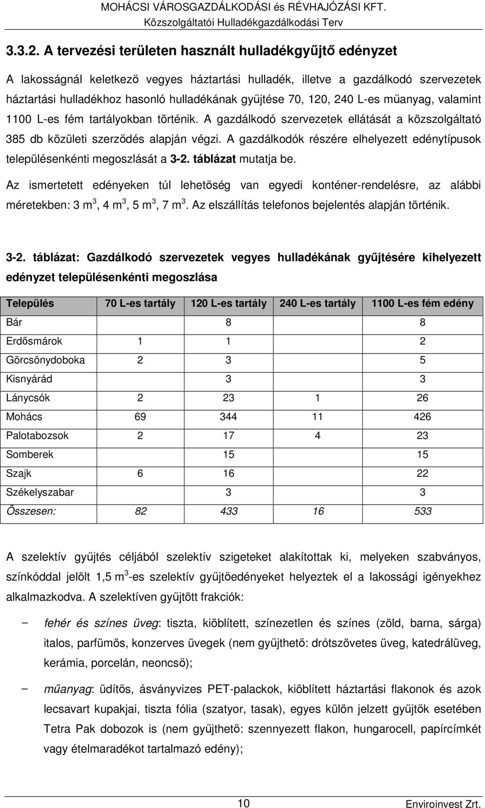 120, 240 L-es műanyag, valamint 1100 L-es fém tartályokban történik. A gazdálkodó szervezetek ellátását a közszolgáltató 385 db közületi szerződés alapján végzi.