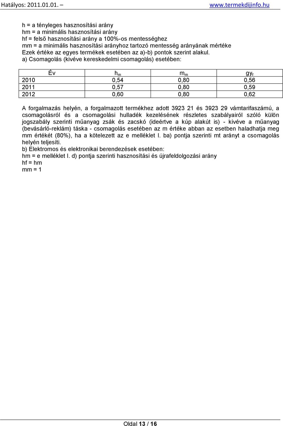 a) Csomagolás (kivéve kereskedelmi csomagolás) esetében: Év h m m m gy f 2010 0,54 0,80 0,56 2011 0,57 0,80 0,59 2012 0,60 0,80 0,62 A forgalmazás helyén, a forgalmazott termékhez adott 3923 21 és
