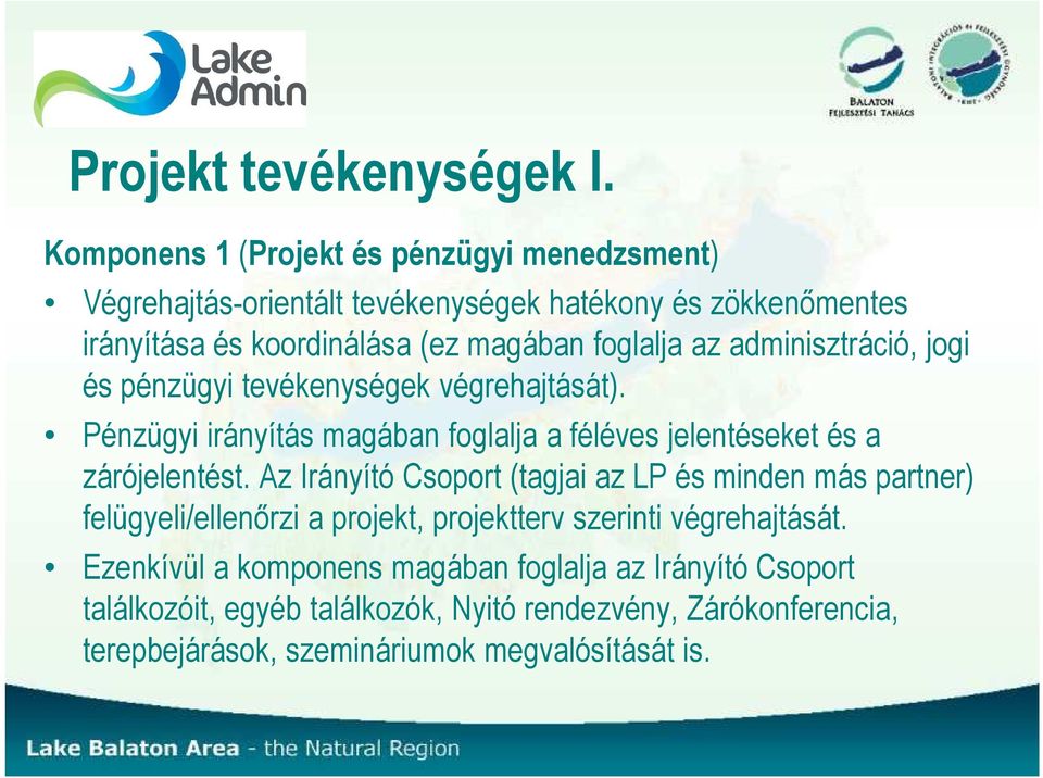 az adminisztráció, jogi és pénzügyi tevékenységek végrehajtását). Pénzügyi irányítás magában foglalja a féléves jelentéseket és a zárójelentést.