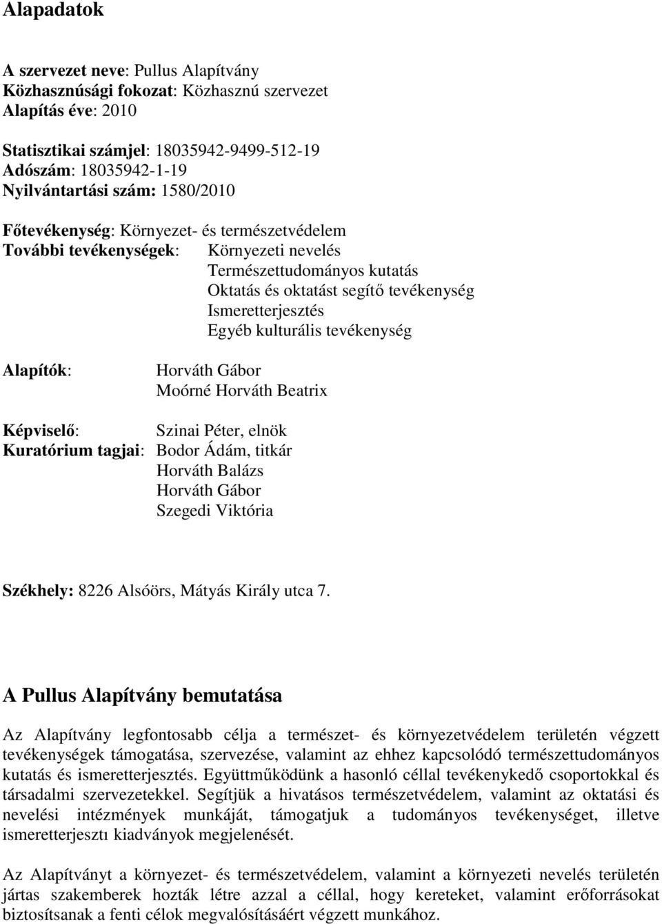 tevékenység Alapítók: Horváth Gábor Moórné Horváth Beatrix Képviselı: Szinai Péter, elnök Kuratórium tagjai: Bodor Ádám, titkár Horváth Balázs Horváth Gábor Szegedi Viktória Székhely: 8226 Alsóörs,